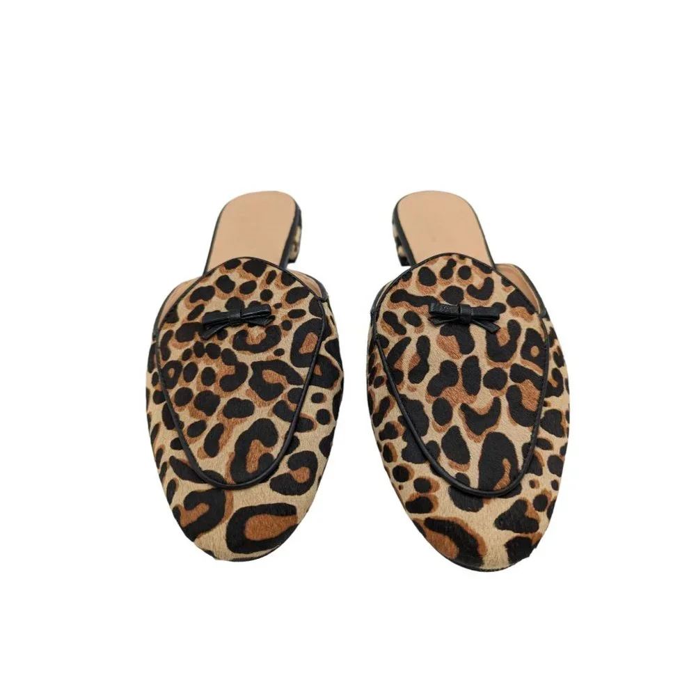 J.Crew Collection Piped Loafer Mules Calf Hair Leopard Print Size 8.5 - Picture 3 of 10